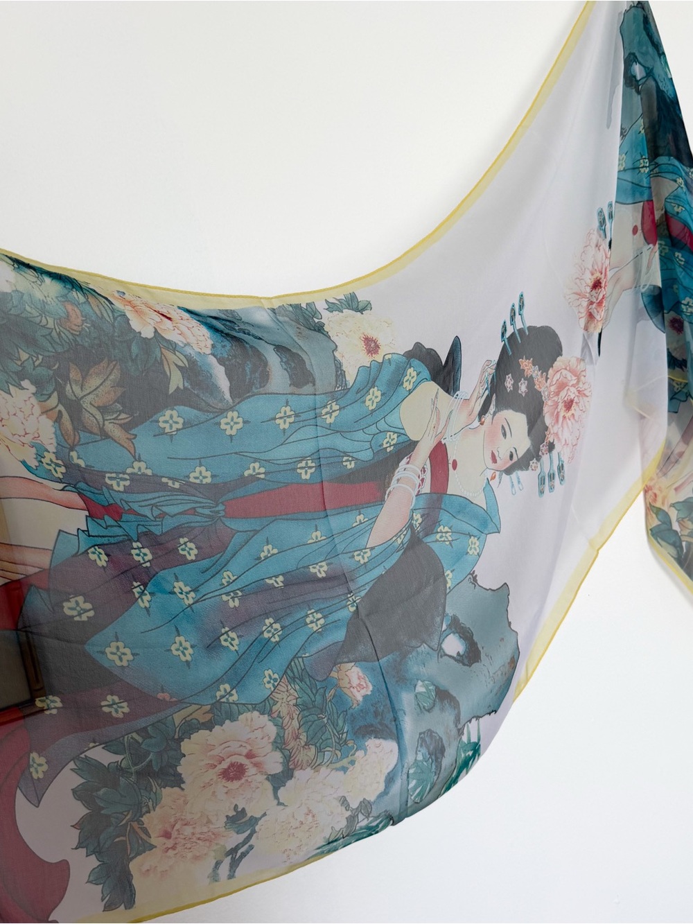 Insane Geisha and Cherry Blossom Print Scarf 100% Silk Blue red and yellow